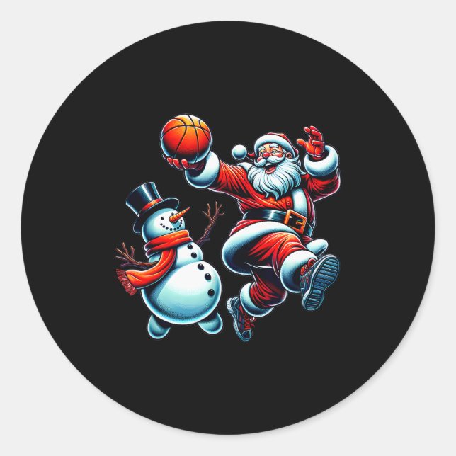 Santa Playing Basketball With A Snowman Christmas  Classic Round Sticker (Front)