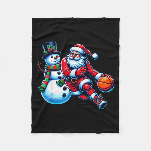 Santa Playing Basketball With A Snowman Christmas  Fleece Blanket (Front)