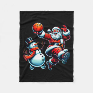 Santa Playing Basketball With A Snowman Christmas  Fleece Blanket