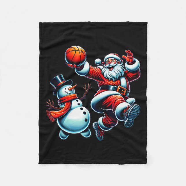 Santa Playing Basketball With A Snowman Christmas  Fleece Blanket (Front)