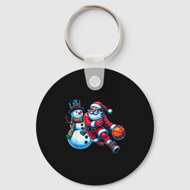 Santa Playing Basketball With A Snowman Christmas  Key Ring (Front)