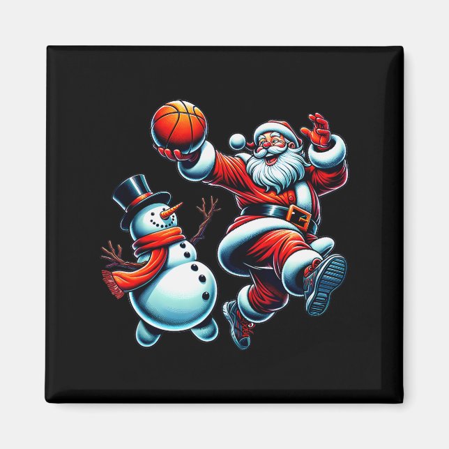 Santa Playing Basketball With A Snowman Christmas  Magnet (Front)