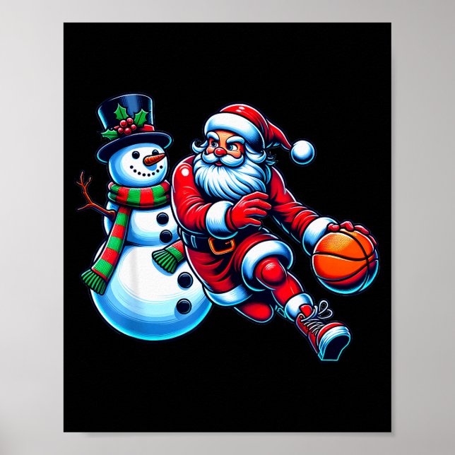 Santa Playing Basketball With A Snowman Christmas  Poster (Front)