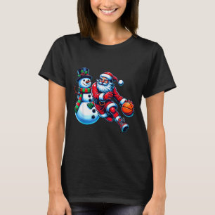 Santa Playing Basketball With A Snowman Christmas  T-Shirt