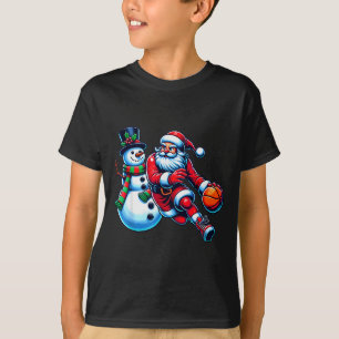 Santa Playing Basketball With A Snowman Christmas  T-Shirt