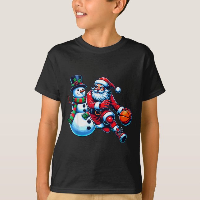 Santa Playing Basketball With A Snowman Christmas  T-Shirt (Front)