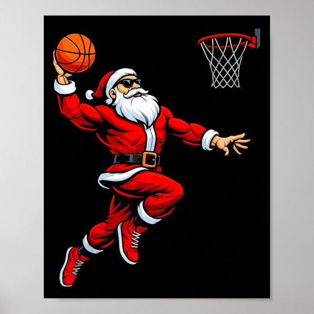 Santa Playing Basketball Xmas Funny Christmas Bask Poster (Front)