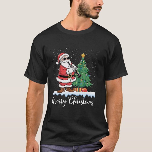 Santa Playing Clarinet Christmas Tree Lights Ugly  T-Shirt (Front)