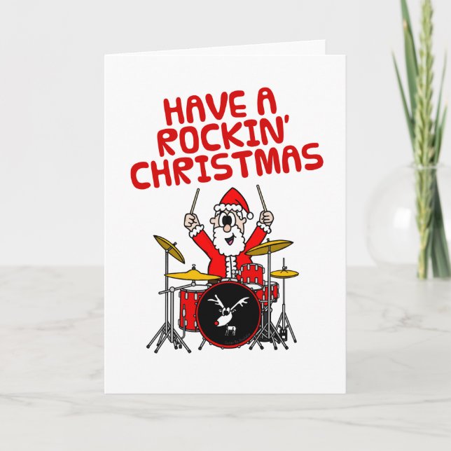 Santa Playing Drums Drummer Christmas Card (Front)