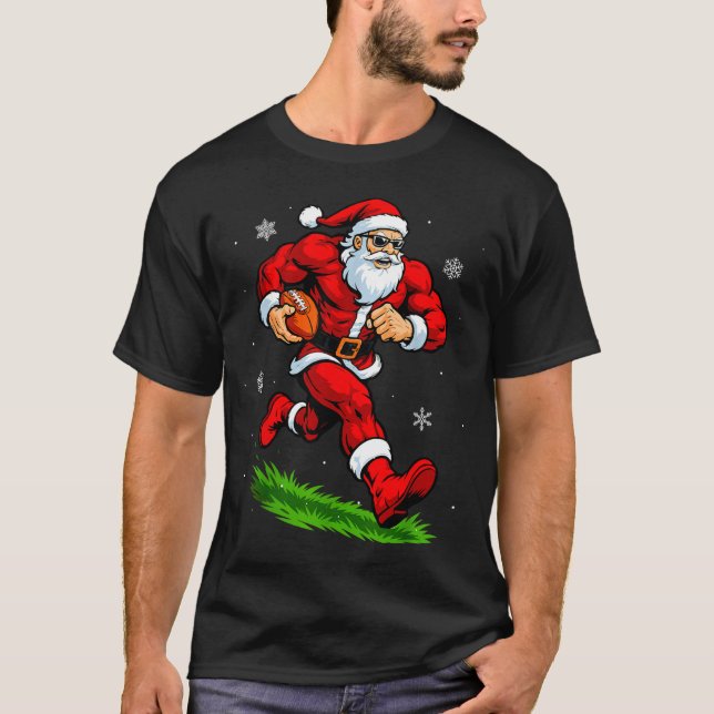 Santa Playing Football Xmas Funny Christmas Footba T-Shirt (Front)