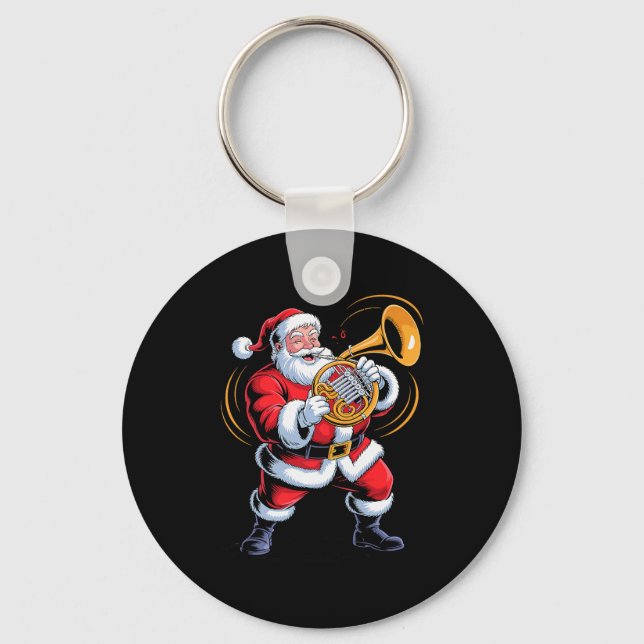 Santa Playing French Horn Funny Holiday Chrismas X Key Ring (Front)