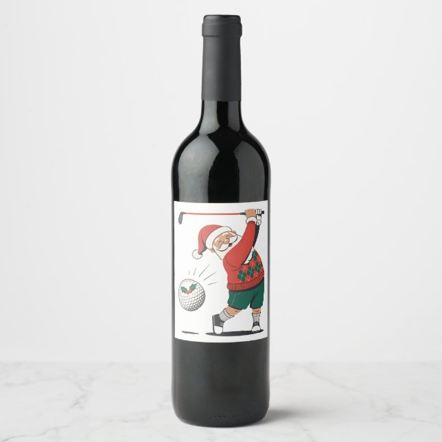 Santa Playing Golf Christmas Player Golfer  Wine Label (Front)