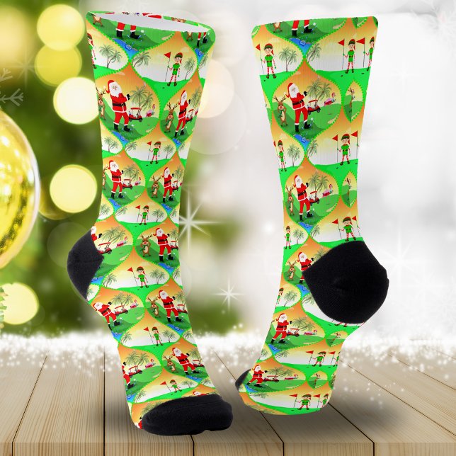 Santa Playing Golf In Florida Christmas Ogee Socks (Swing into joy: Santa's Florida golf socks, a hole-in-one gift for festivities!)