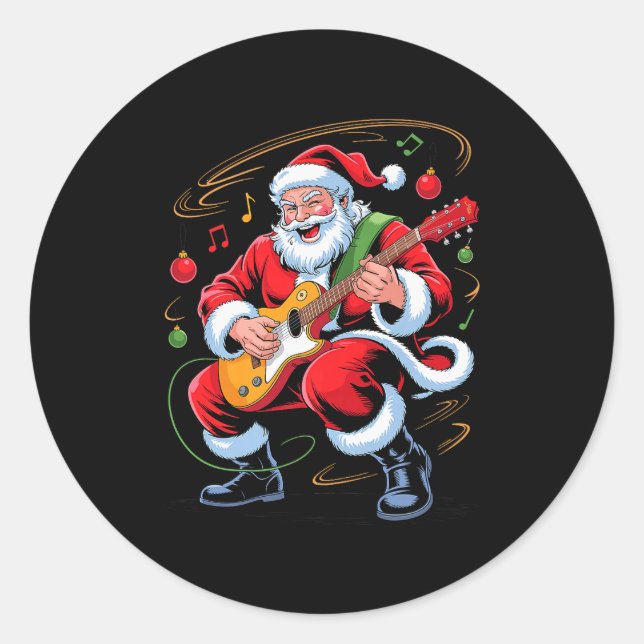 Santa Playing Guitar Funny Holiday Christmas Xmas  Classic Round Sticker (Front)