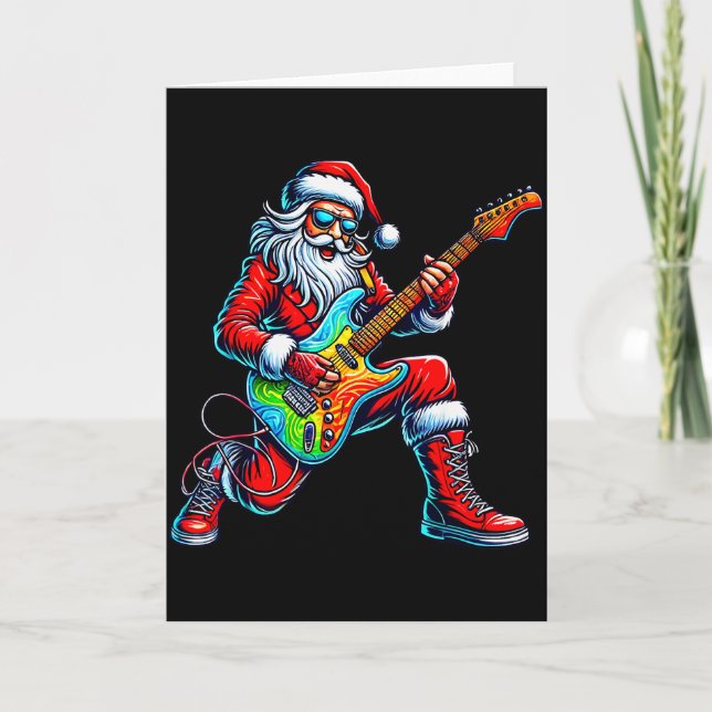 Santa Playing Guitar Musician Guitarist Christmas  Card (Front)