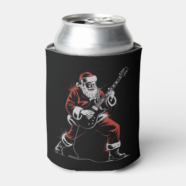 Santa Playing Guitar Retro 90s Christmas Rock  Can Cooler (Can Front)