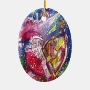 SANTA PLAYING HARP IN MOONLIGHT Red Ruby Christmas Ceramic Tree Decoration