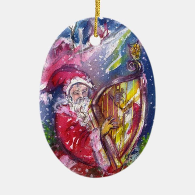 SANTA PLAYING HARP IN MOONLIGHT Red Ruby Christmas Ceramic Tree Decoration (Front)