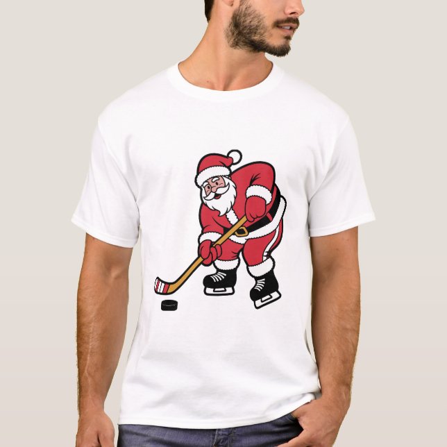 Santa Playing Hockey Christmas Sports Design T-Shirt (Front)