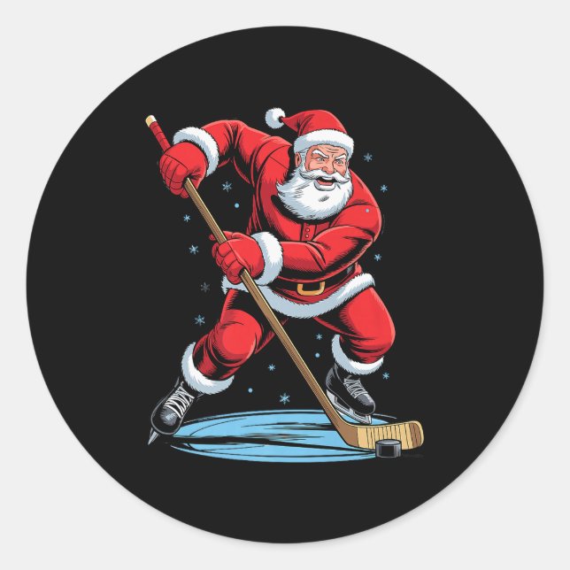 Santa Playing Hockey Funny Holiday Christmas Xmas  Classic Round Sticker (Front)