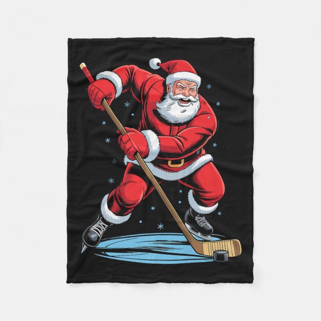 Santa Playing Hockey Funny Holiday Christmas Xmas  Fleece Blanket (Front)