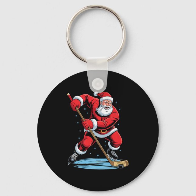 Santa Playing Hockey Funny Holiday Christmas Xmas  Key Ring (Front)
