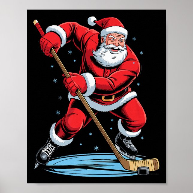 Santa Playing Hockey Funny Holiday Christmas Xmas  Poster (Front)