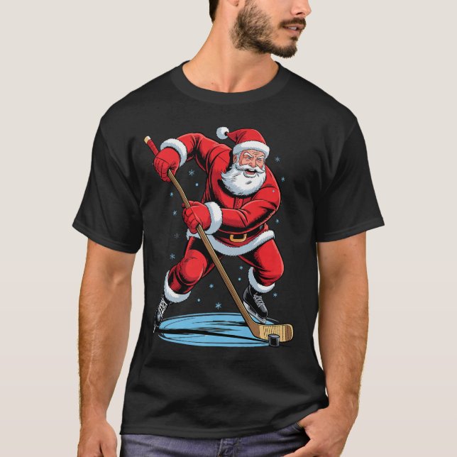 Santa Playing Hockey Funny Holiday Christmas Xmas  T-Shirt (Front)