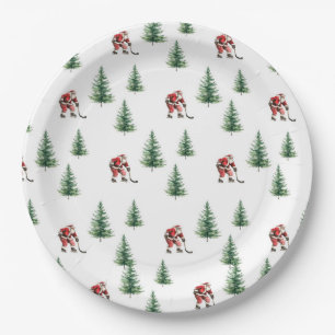 Santa Playing Hockey Napkin Gift Christmas Party Paper Plate