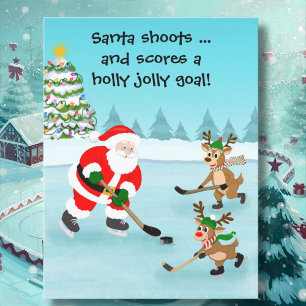 Santa Playing Hockey with Reindeer Christmas Postcard