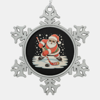 Santa Playing Ice Hockey Christmas Xmas Sport Snowflake Pewter Christmas Ornament