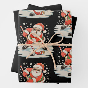 Santa Playing Ice Hockey Christmas Xmas Sport Wrapping Paper Sheet