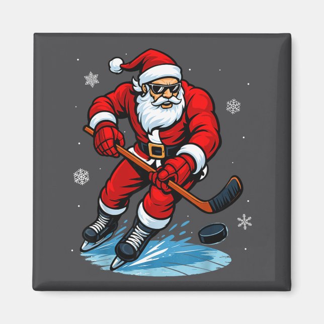 Santa Playing Ice Hockey Xmas Funny Christmas Hock Magnet (Front)