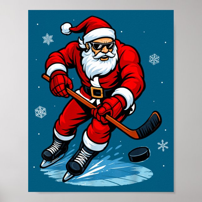 Santa Playing Ice Hockey Xmas Funny Christmas Hock Poster (Front)