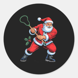 Santa Playing Lacrosse Funny Holiday Christmas Xma Classic Round Sticker