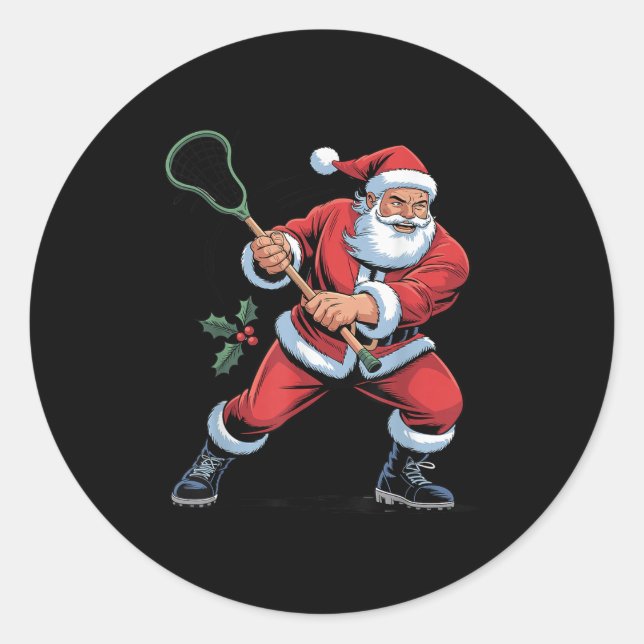 Santa Playing Lacrosse Funny Holiday Christmas Xma Classic Round Sticker (Front)