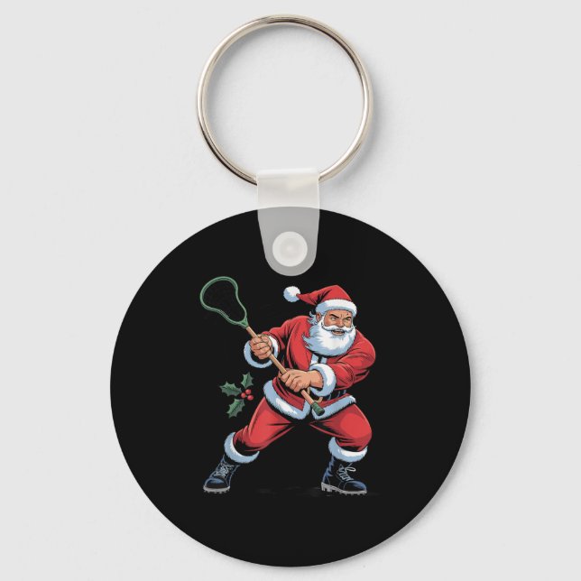 Santa Playing Lacrosse Funny Holiday Christmas Xma Key Ring (Front)