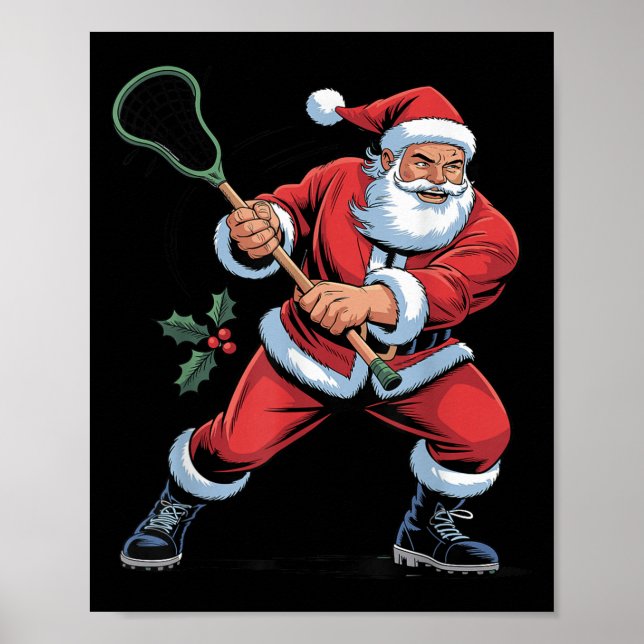 Santa Playing Lacrosse Funny Holiday Christmas Xma Poster (Front)