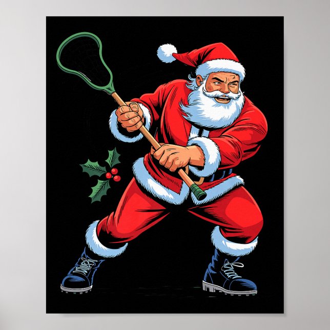 Santa Playing Lacrosse Funny Holiday Christmas Xma Poster (Front)
