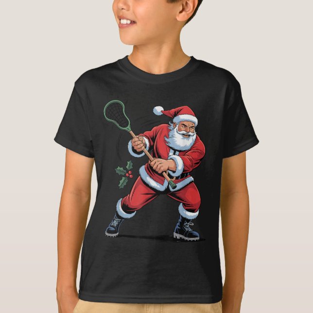 Santa Playing Lacrosse Funny Holiday Christmas Xma T-Shirt (Front)