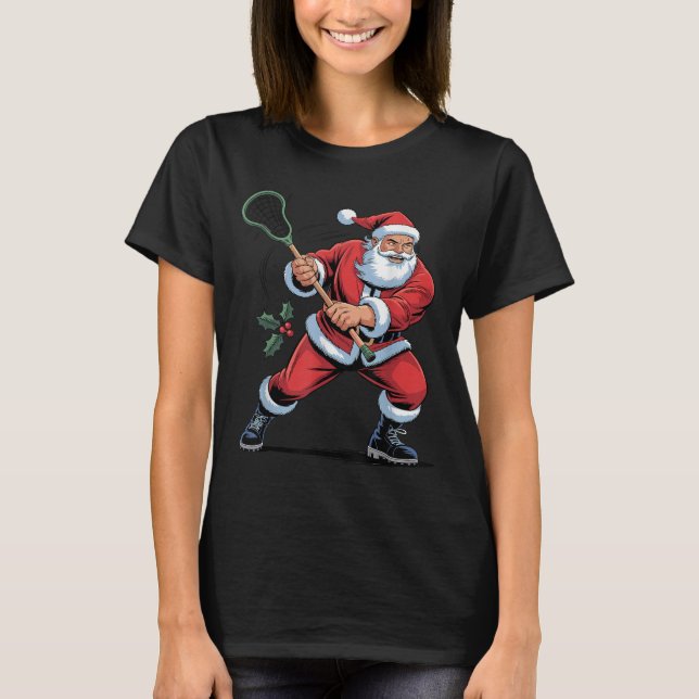 Santa Playing Lacrosse Funny Holiday Christmas Xma T-Shirt (Front)