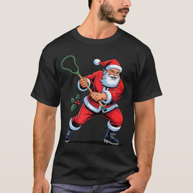 Santa Playing Lacrosse Funny Holiday Christmas Xma T-Shirt (Front)