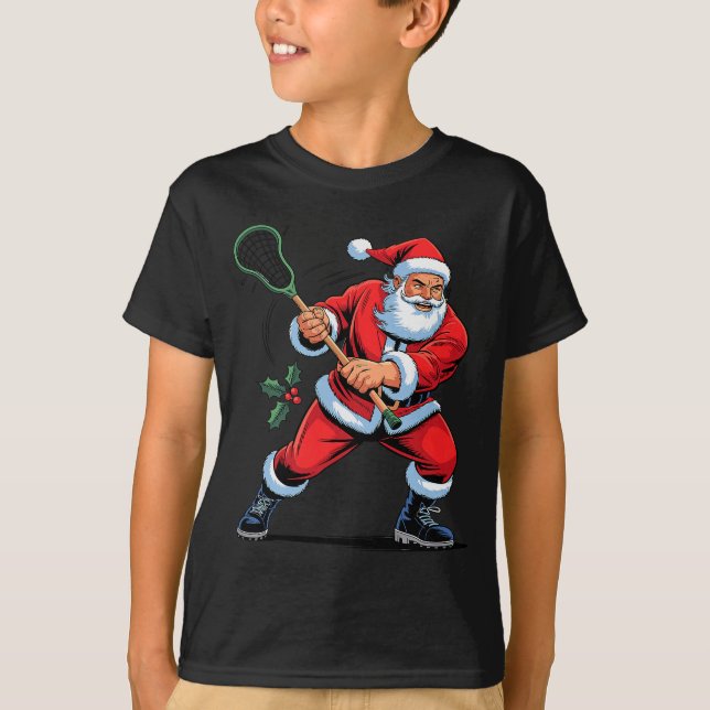 Santa Playing Lacrosse Funny Holiday Christmas Xma T-Shirt (Front)