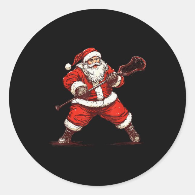 Santa Playing Lacrosse Funny Lacrosse Lax Player C Classic Round Sticker (Front)