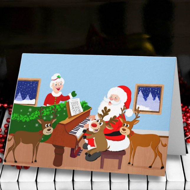 Santa Playing Piano with Reindeer Blank  Card (Creator Uploaded)