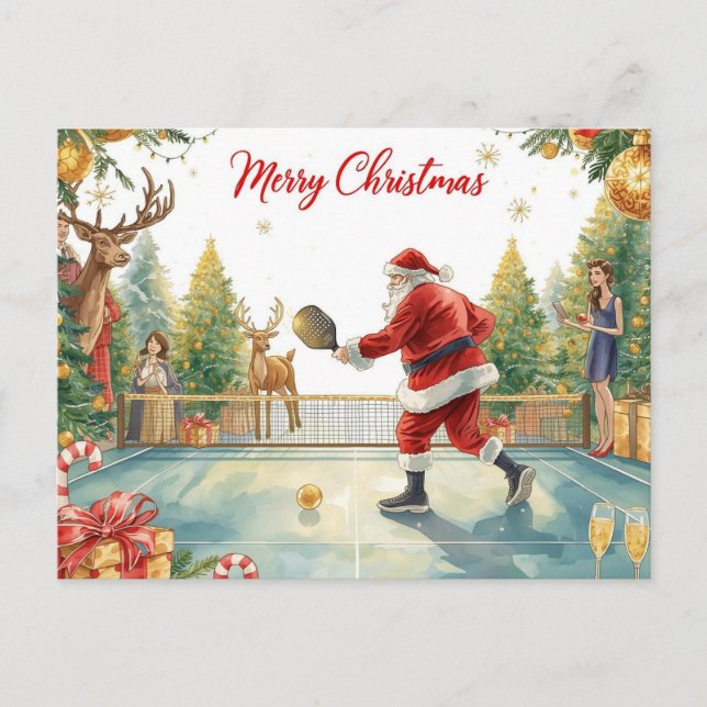 Santa Playing Pickleball at a Christmas Party Holiday Postcard (Front)