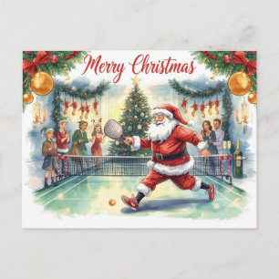 Santa Playing Pickleball at a Christmas Party Holiday Postcard