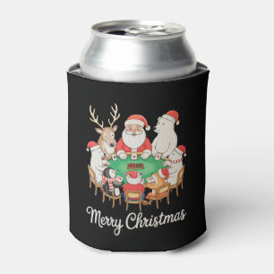 Santa Playing Poker Polar Bear Penguin Reindeer Can Cooler