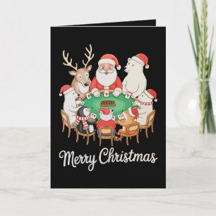 Santa Playing Poker Polar Bear Penguin Reindeer Card