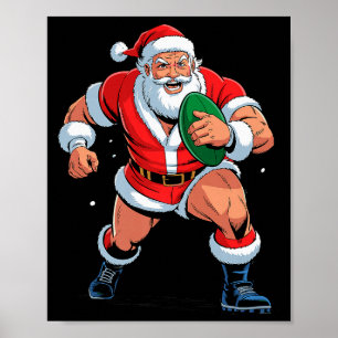 Santa Playing Rugby Funny Holiday Christmas Xmas P Poster